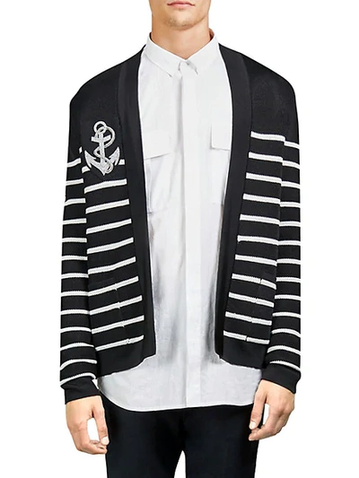 Shop Balmain Striped Logo Cotton Open Front Cardigan In Noir