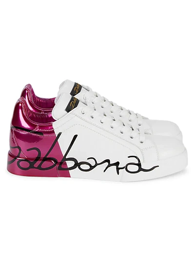 Shop Dolce & Gabbana Portofino Colorblock Logo Leather Sneakers In White