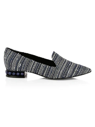Shop Nicholas Kirkwood Casati Faux Pearl-embellished Tweed Loafers In Dark Blue