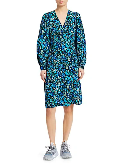 Shop Ganni Women's Floral Silk Blend Wrap Dress In Azure Blue