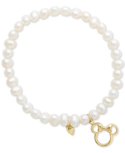 Shop Disney Children's Cultured Freshwater Pearl (4mm) Minnie Mouse Charm Stretch Bracelet In 14k Gold In Yellow Gold