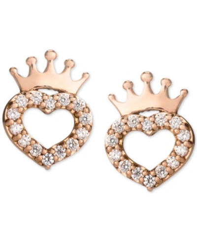 Shop Disney Children's Cubic Zirconia Heart & Crown Stud Earrings In 14k Rose Gold