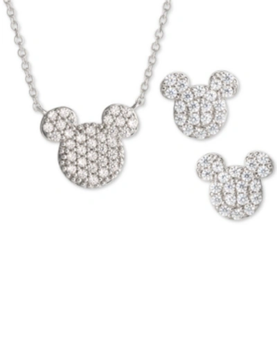 Shop Disney Children's 2-pc. Set Cubic Zirconia Pave Mickey Mouse Pendant Necklace & Matching Stud Earrings In S In Silver