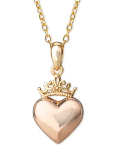 Shop Disney Children's Heart & Crown 15" Pendant Necklace In 14k Yellow Gold And 14k Rose Gold