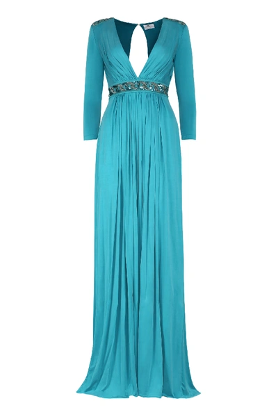 Shop Elisabetta Franchi Celyn B. Long Dress With Embroideries In Blue