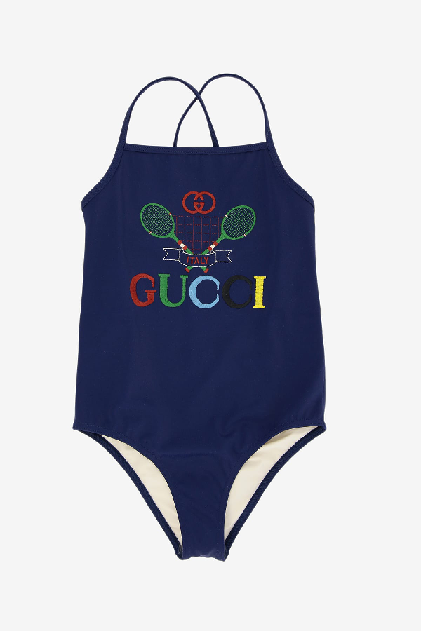 Gucci Kids' Tennnis Embroiderd One Piece Swimsuit In Blue | ModeSens