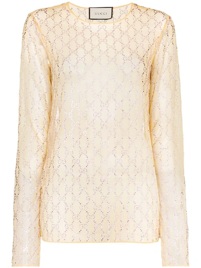 Shop Gucci Gg-embellished Mesh Top In Yellow