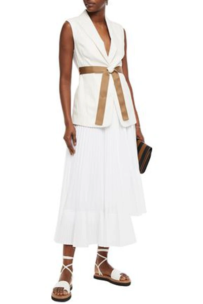 Shop Brunello Cucinelli Asymmetric Pleated Poplin Midi Skirt In White