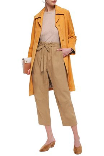 Shop Brunello Cucinelli Cropped Belted Linen And Cotton-blend Wide-leg Pants In Tan