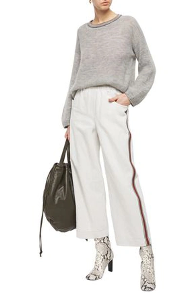 Shop Brunello Cucinelli Bead-embellished Cotton And Linen-blend Drill Wide-leg Pants In Off-white