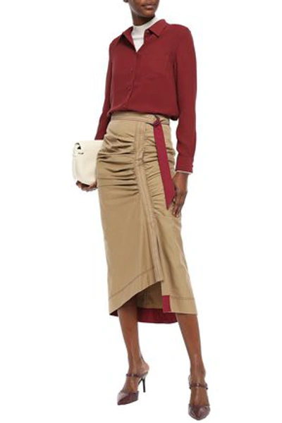 Shop Brunello Cucinelli Belted Ruched Stretch-cotton Twill Midi Skirt In Sand
