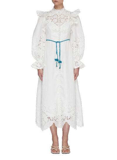 Shop Zimmermann 'carnaby' Floral Broderie Scallop Trim Stand Collar Maxi Dress In White