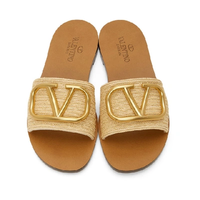 Shop Valentino Beige  Garavani Raffia Vlogo Slip-on Sandals In Natural