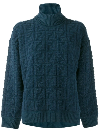 Shop Fendi Knitted Ff Motif Patterned Sweater In Blue