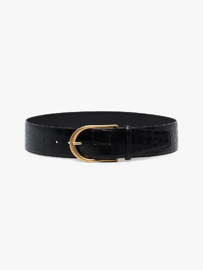 Shop Saint Laurent Black Mock Croc Leather Belt