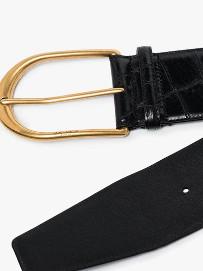 Shop Saint Laurent Black Mock Croc Leather Belt