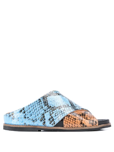 Shop Ganni Snake-effect Crossover Sandals In Blue