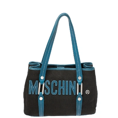Pre-owned Moschino Blue/black Canvas And Leather Trim Mini Tote