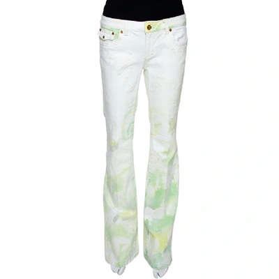 Pre-owned Roberto Cavalli White Floral Printed & Embossed Cotton Flared Jeans L
