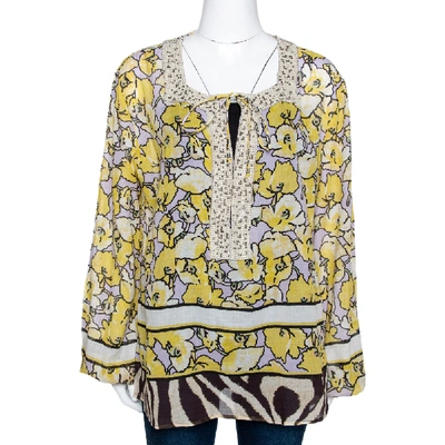 Pre-owned Roberto Cavalli Yellow Printed Cotton Bead Embellished Top L