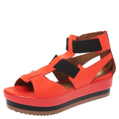 Pre-owned Fendi Red/black Leather And Elastic Platform Wedge Sandals Size 37.5