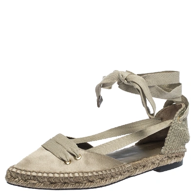Pre-owned Manolo Blahnik Castaner By  Grey Satin And Canvas Espadrille Pointed Toe Ankle Tie Flat Sandals Size