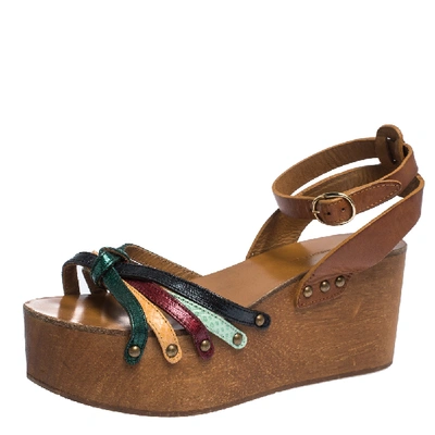 Pre-owned Isabel Marant Multicolor Leather Zia Wooden Wedge Ankle Strap Sandals Size 37