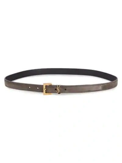 Shop Saint Laurent Logo Skinny Suede Belt In Sea Pebble