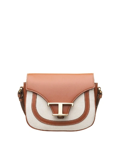 Shop Tod's Leather And Micro Canvas Shoulder Bag In Brown