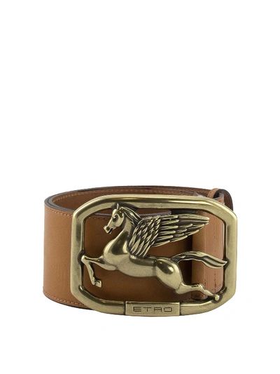 Shop Etro Pegaso Buckle Leather Belt In Brown