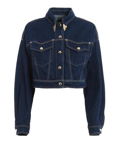 Shop Versace Jeans Couture Crop Denim Jacket In Dark Wash