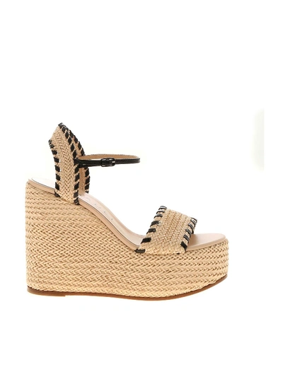 Shop Casadei Woven Leather Wedges In Ecru And Black In Beige