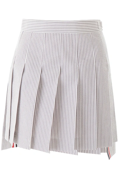 Shop Thom Browne Pleated Seersucker Mini Skirt In Med Grey (white)