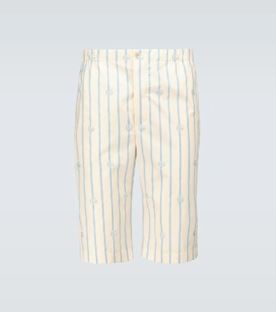 Shop Gucci Double G Striped Cotton Shorts In Neutrals