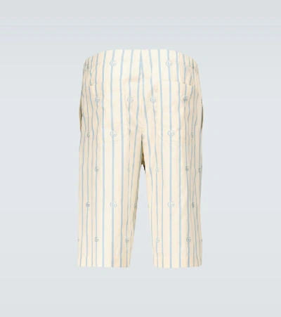 Shop Gucci Double G Striped Cotton Shorts In Neutrals