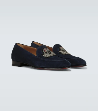Shop Christian Louboutin Crest On The Nile Velvet Loafers In Blue
