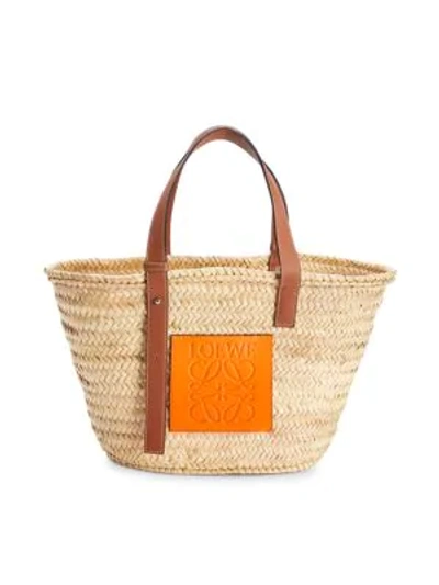 Shop Loewe Leather Strap Basket Bag In Natural Neon Orange