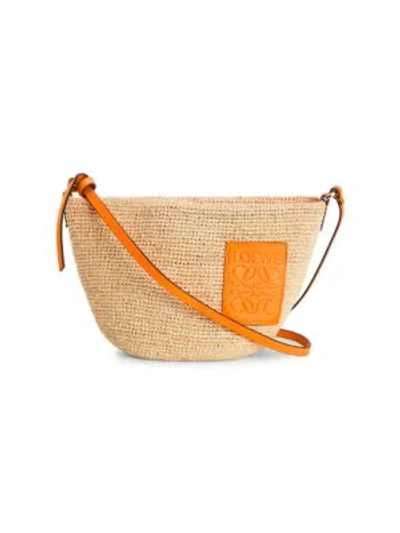 Shop Loewe Pochette Leather-trimmed Raffia Crossbody Bag In Natural Neon Orange