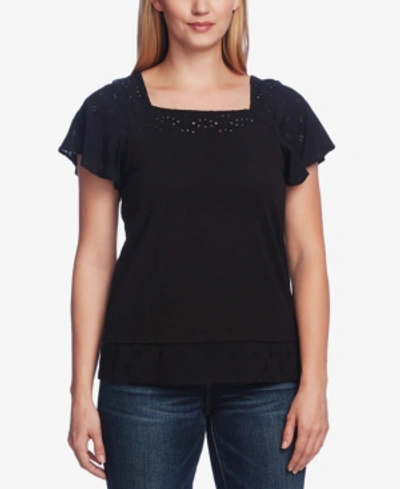Shop Vince Camuto Short Sleeve Square Neck Embroidered Layered Top In Black