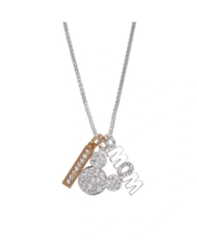 Shop Disney Silver Plated Mickey Mouse "mom" And Clear Crystal Bar Charm Necklace, 16"+2" Extender In Yellow