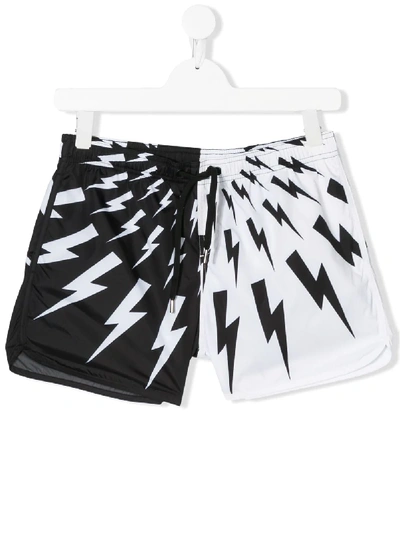 Shop Neil Barrett Teen Thunderbolt Colour Block Swim Shorts In White