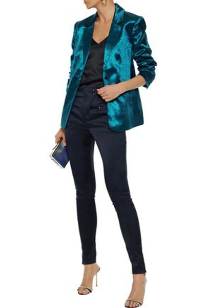 Shop Cinq À Sept Kylie Ruched Hammered-satin Blazer In Teal