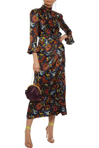 Shop Cinq À Sept Juliana Knotted Printed Silk-charmeuse Midi Dress In Black