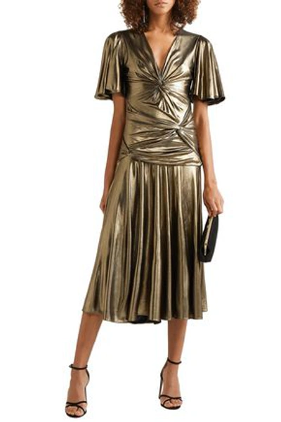 Shop Michael Kors Twisted Ruched Lamé Midi Dress In Gold