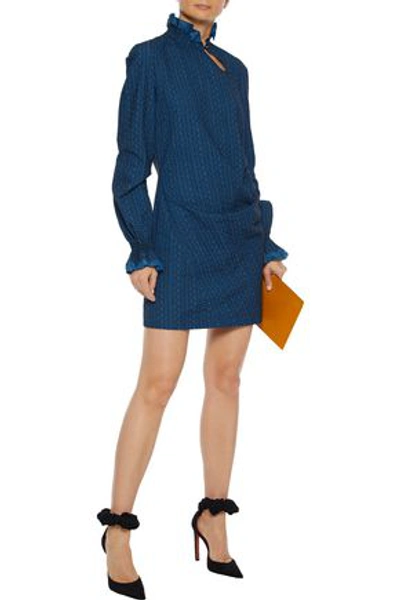 Shop Roland Mouret Howard Ruffle-trimmed Shirred Cotton-blend Mini Dress In Cobalt Blue