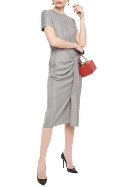 Shop Roland Mouret Dalva Gathered Prince Of Wales Checked Wool And Silk-blend Midi Dress In Gray