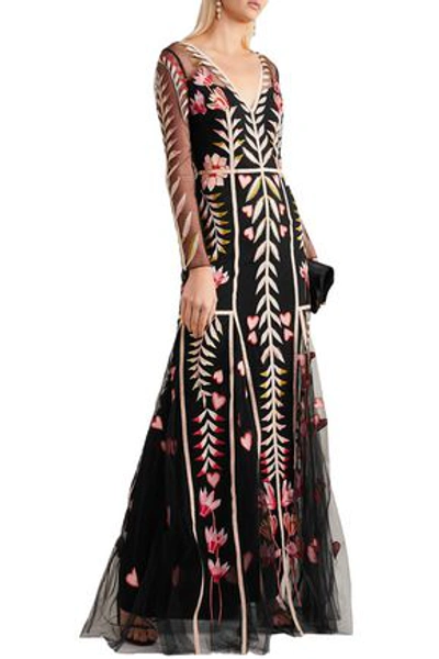 Shop Temperley London Rosy Embroidered Tulle Maxi Dress In Black