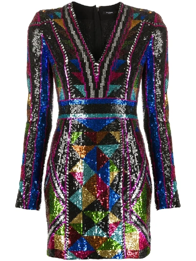Shop Balmain Sequin Embroidery Short Dress In Black