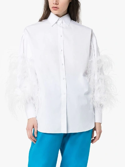 Shop Valentino Feather Sleeve Cotton Shirt In White