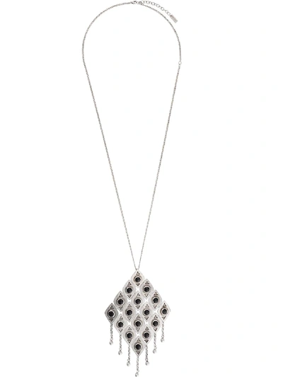 Shop Saint Laurent Checkered Plate Charm Necklace In Metallic